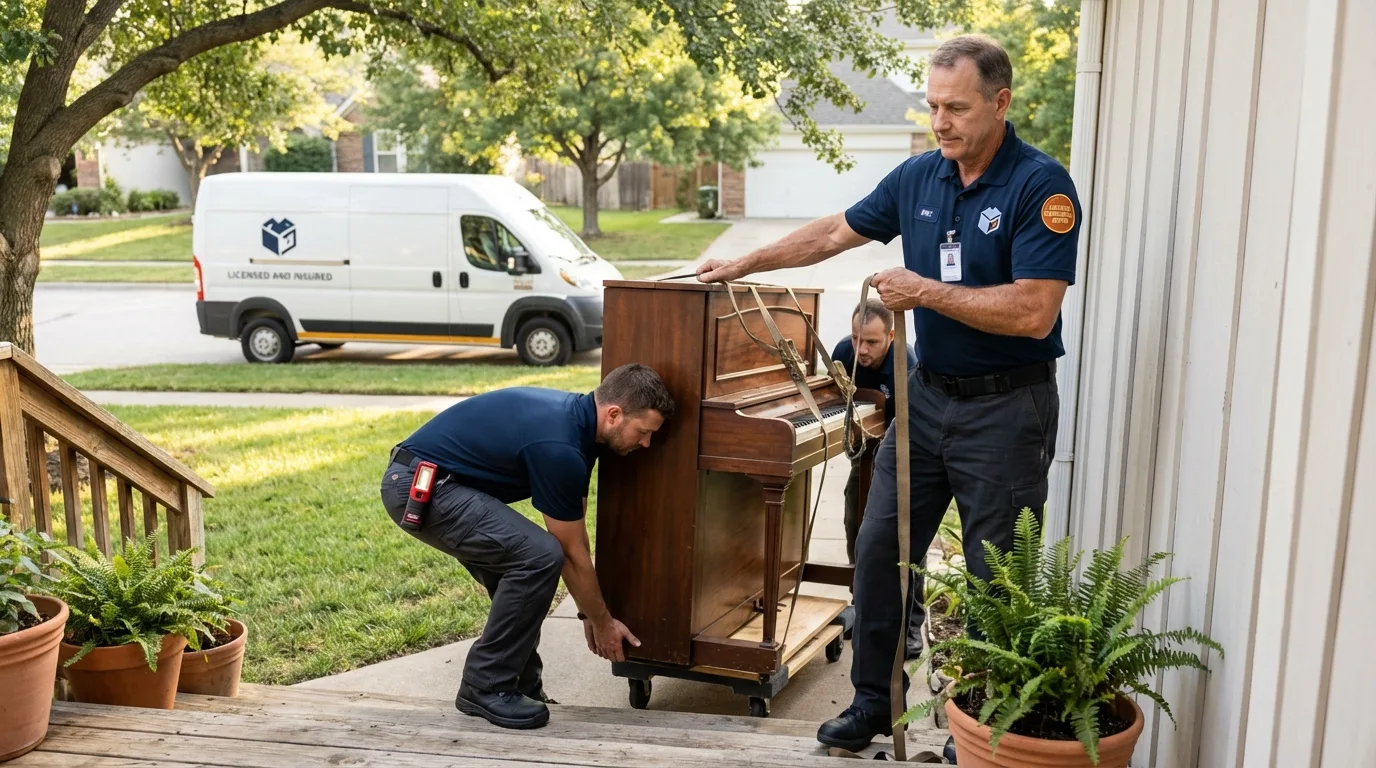Licensed piano movers securing grand piano in Newberry, FL