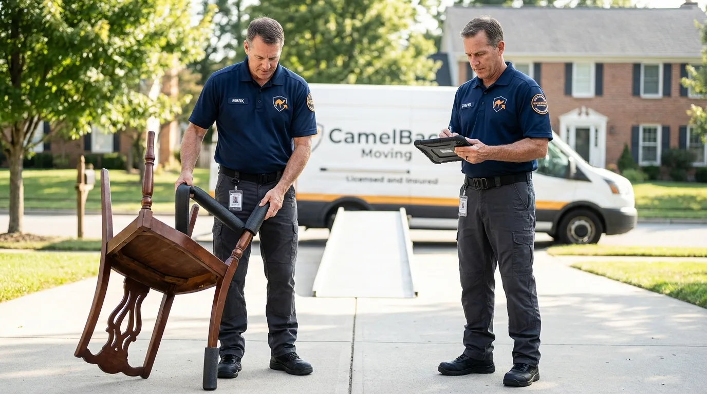 Movers inspecting furniture for damage prevention before loading in Newberry, FL